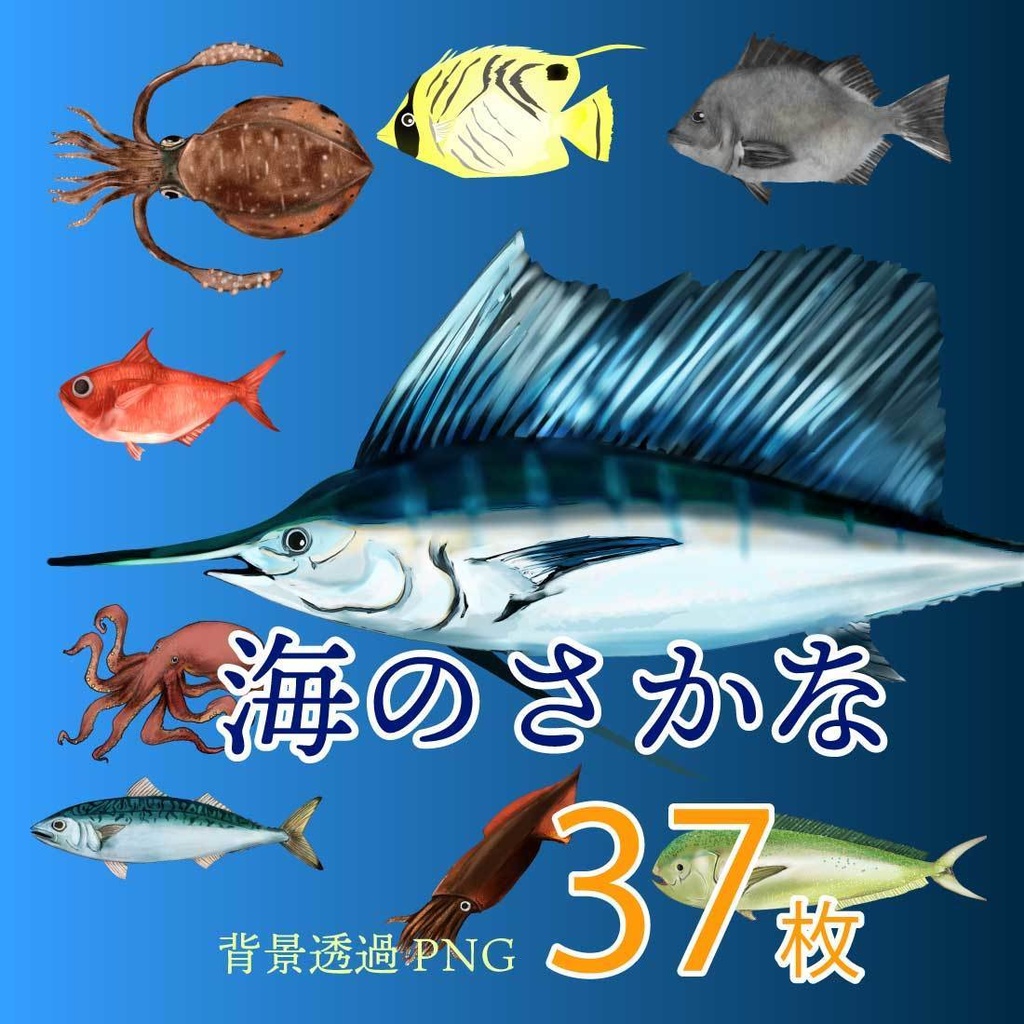 【海の魚セット】37枚の背景透過の魚PNG素材 - 手書き透過イラスト集