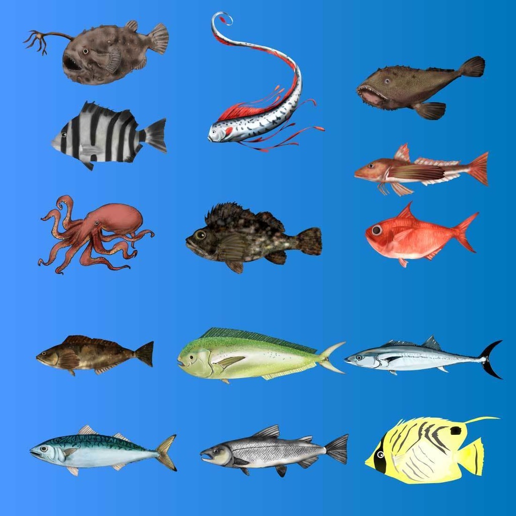 【海の魚セット】37枚の背景透過の魚PNG素材 - 手書き透過イラスト集