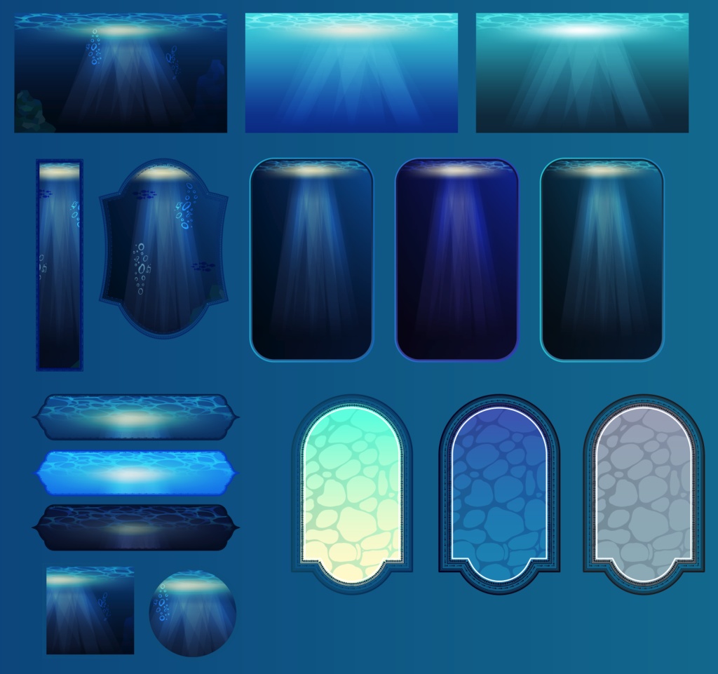 海・深海のクラシックフレーム・枠16種類セット 高解像度png or ai(ベクターcs2)