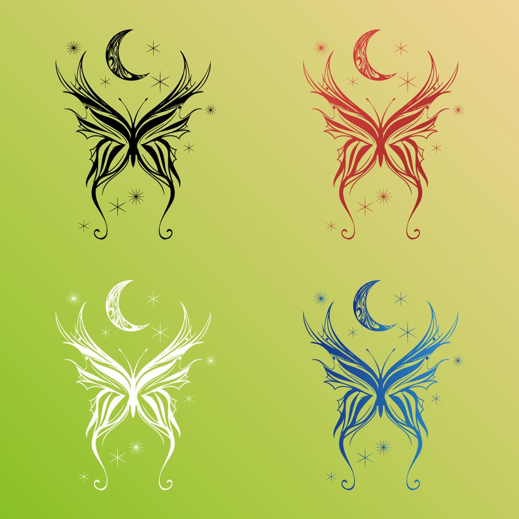 セレーネの羽 - 可憐な蝶々と三日月のトライバルタトゥー・デカール - 高解像度png or ai(ベクター)