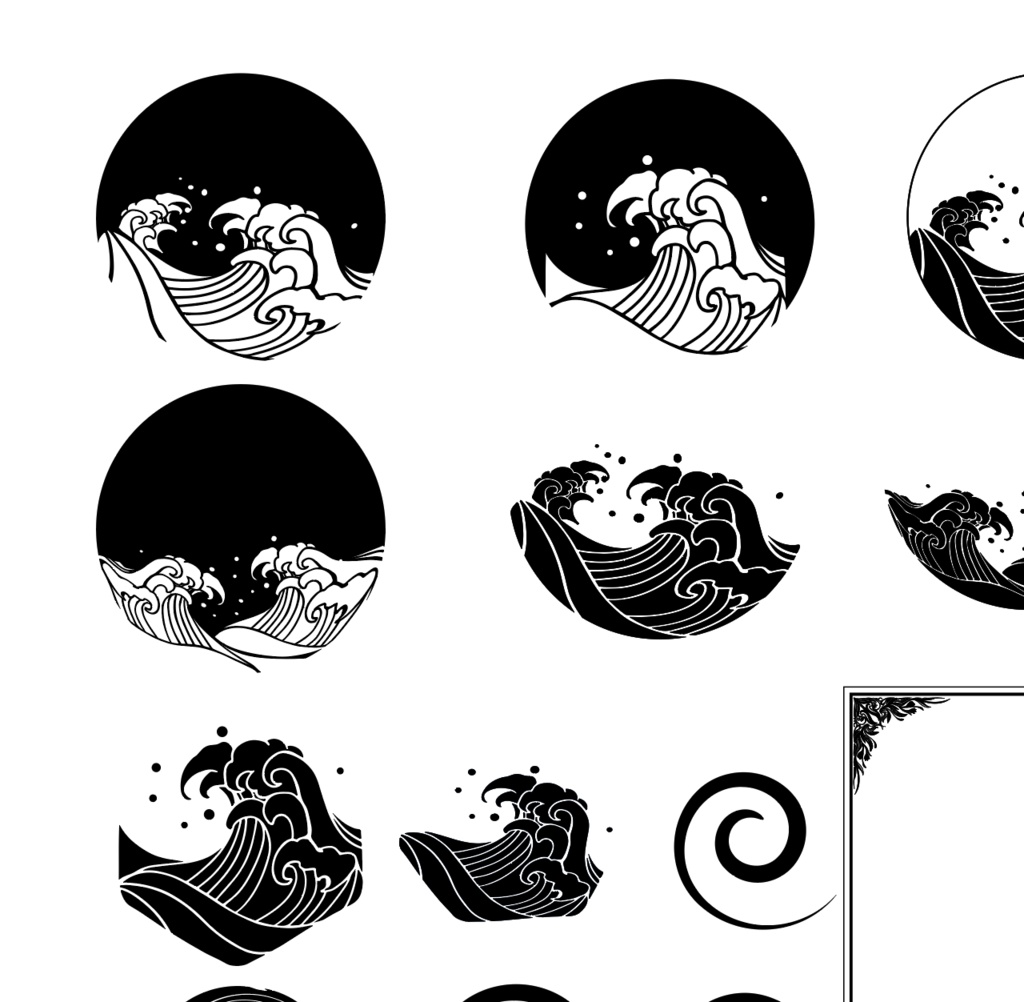 波の円・四角フレームと渦の82種イラスト素材セット