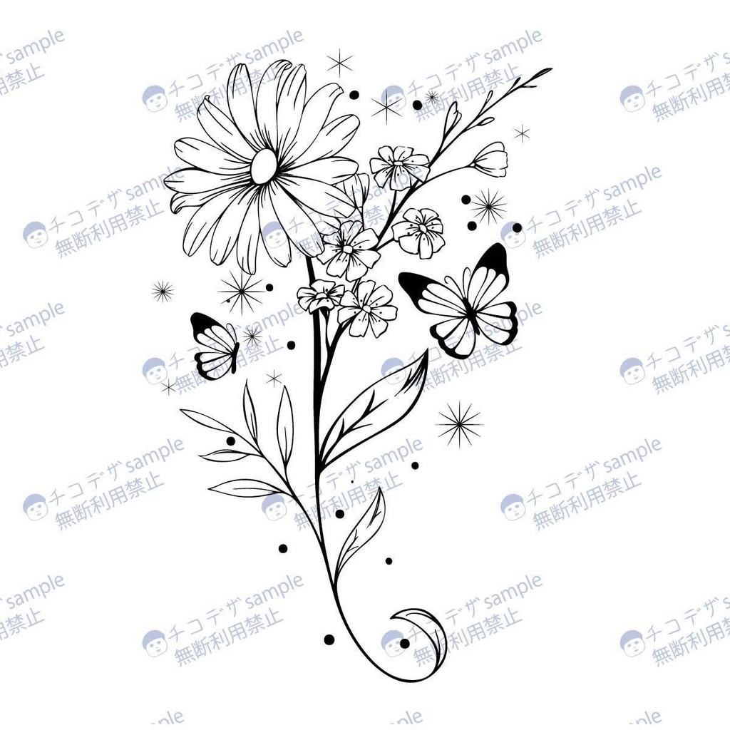 花と蝶々の可愛い線画タトゥーマーク - 高解像度png or ベクター(cs2)
