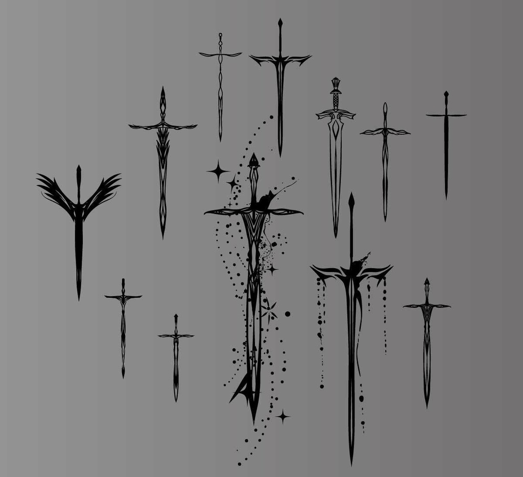 ファンタジー剣のイラストセット12種類トライバル風装飾素材 - 高解像度png or ai(ベクター)