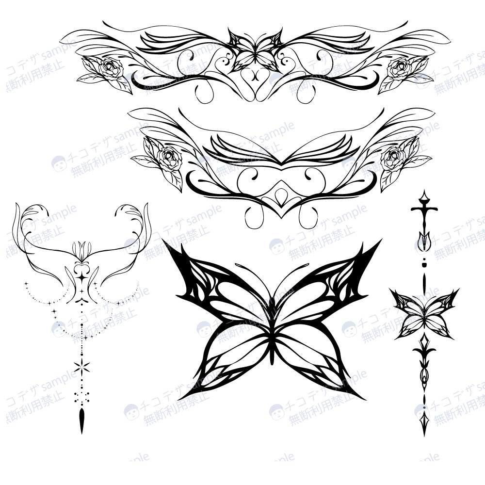 Flos et Papilio - 蝶々と花の線画タトゥー - vroidテクスチャとpng