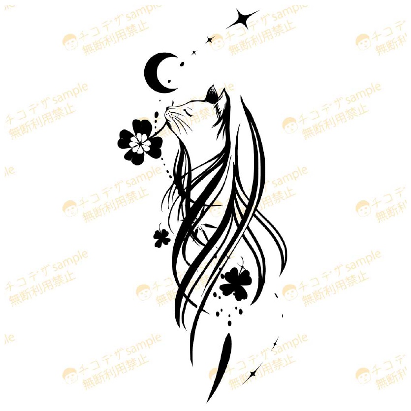 幸運を呼ぶ四葉のクローバーをくわえた猫のタトゥー Dark Sings