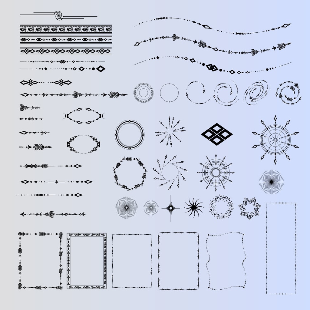 細いケルト風ファンタジー装飾デザイン白・黒94セット - 線・枠・フレーム高解像度png or ベクター