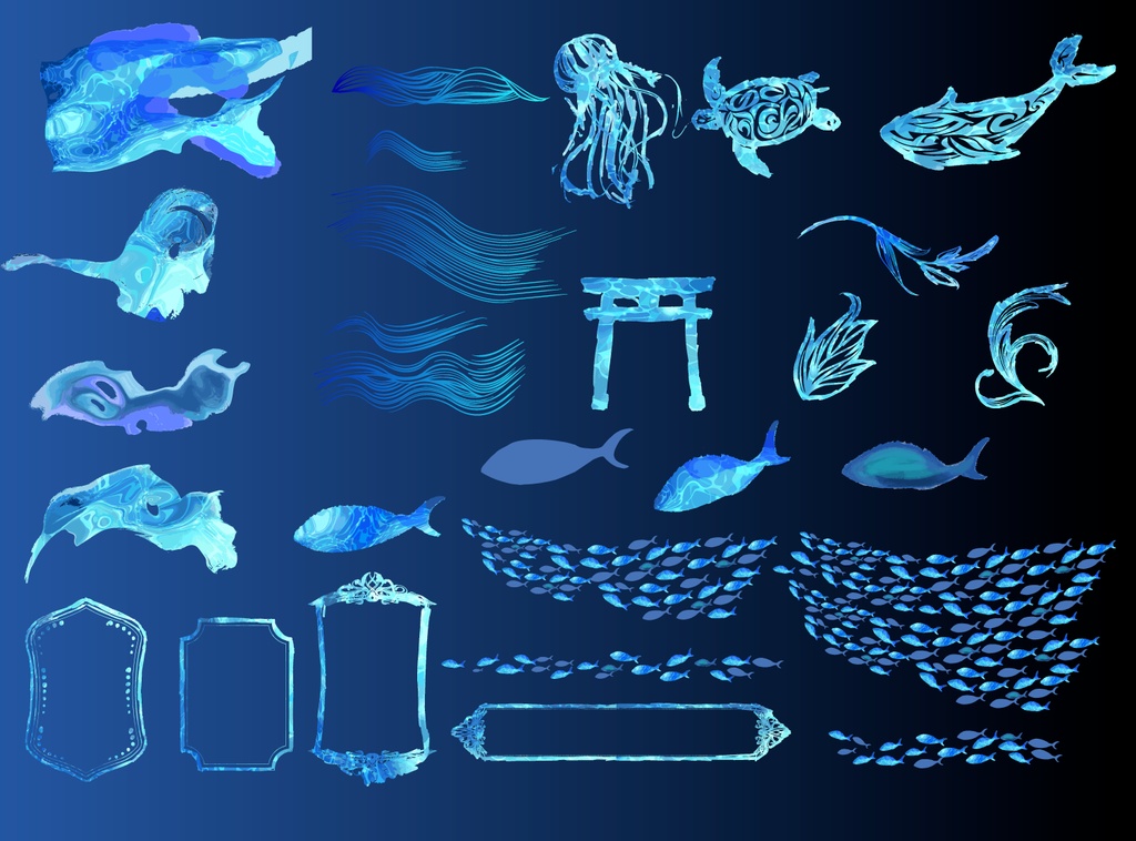 キラキラな不思議な海と魚の物語 - TRPG・ココフォリア素材セット27種(高解像度PNG)