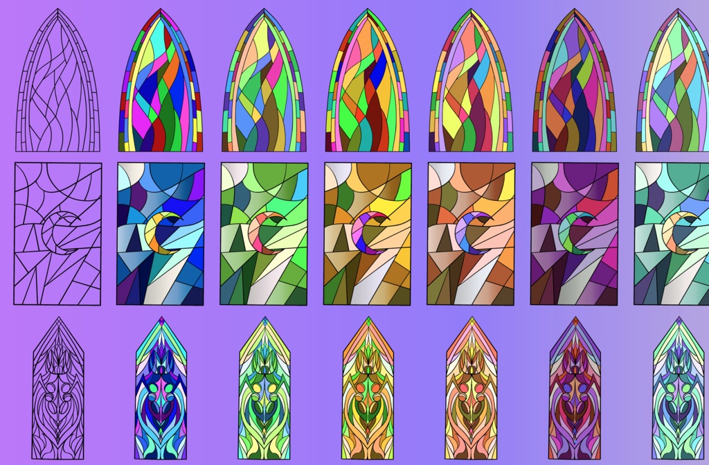ステンドグラスの背景素材77セット - 線画・各種カラーの高解像度png or ベクター