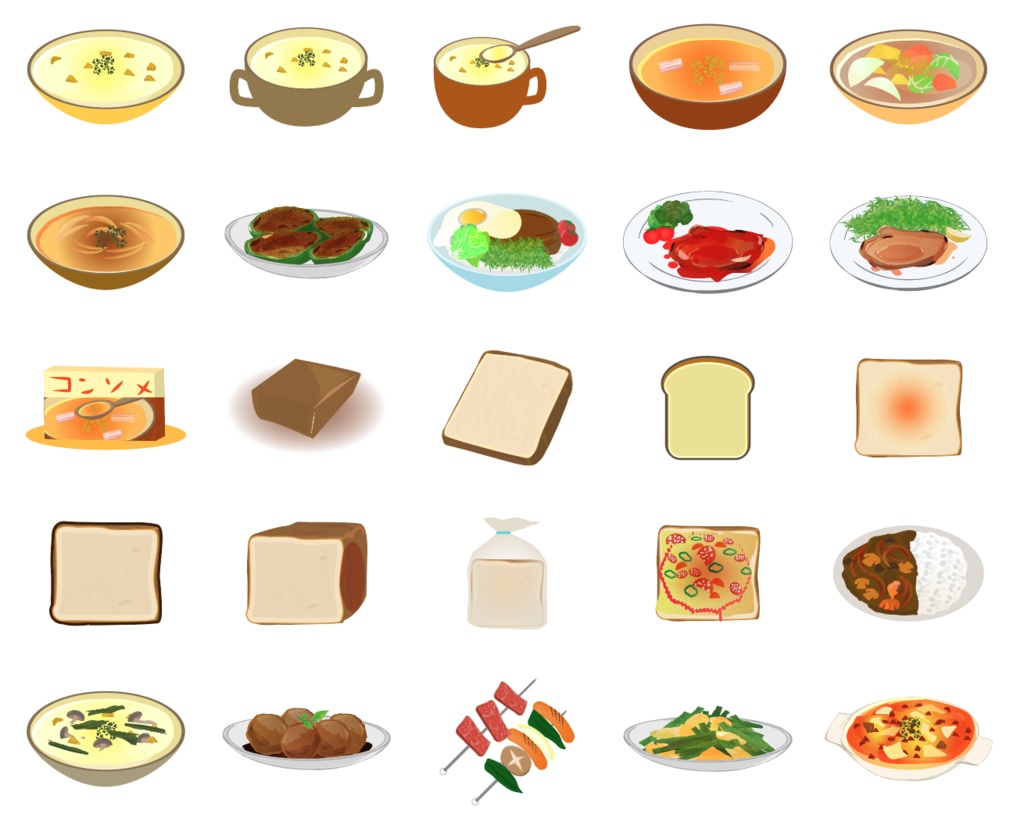 洋食・中華・お菓子・麺類のイラスト124種類セット - PNG高解像度350 or Ai(ベクター)