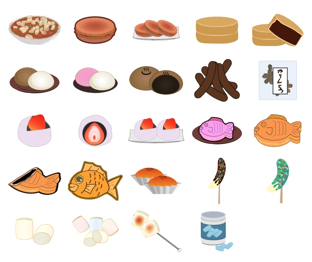 洋食・中華・お菓子・麺類のイラスト124種類セット - PNG高解像度350 or Ai(ベクター)