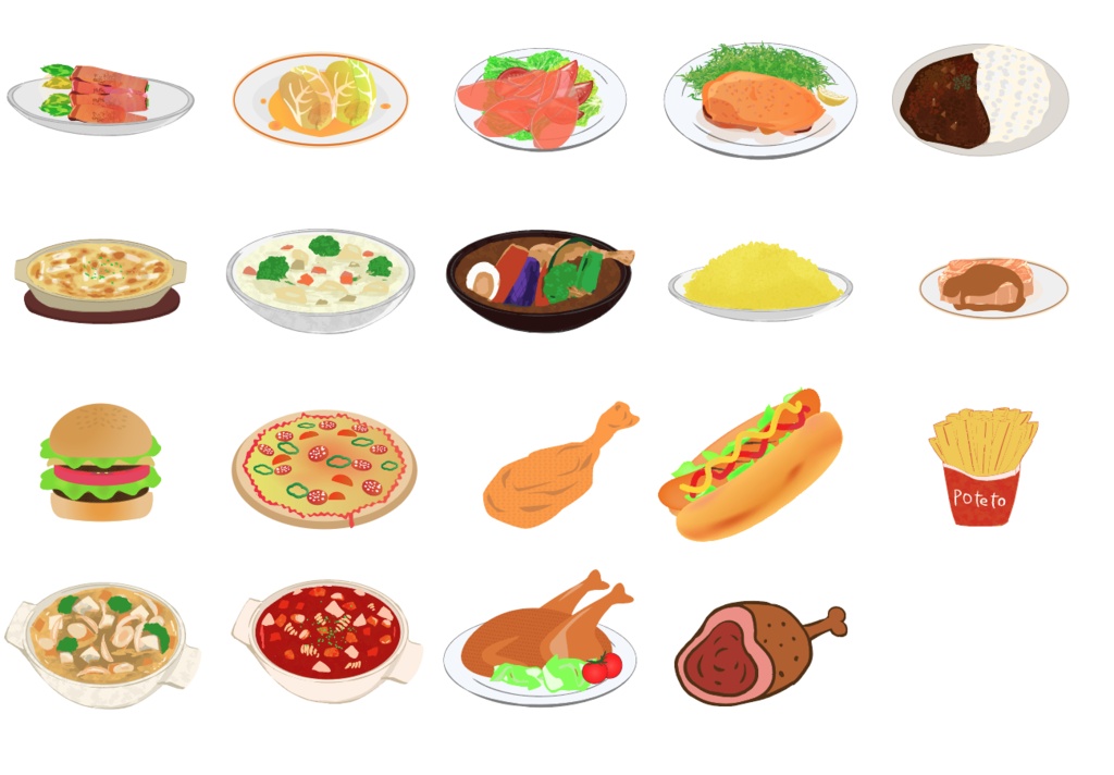 洋食・中華・お菓子・麺類のイラスト124種類セット - PNG高解像度350 or Ai(ベクター)