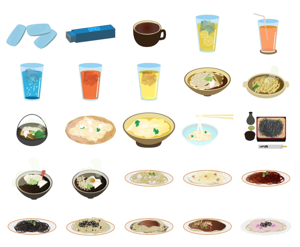 洋食・中華・お菓子・麺類のイラスト124種類セット - PNG高解像度350 or Ai(ベクター)