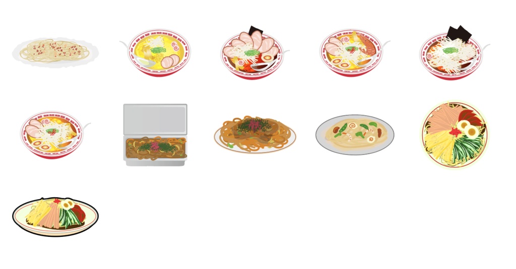 洋食・中華・お菓子・麺類のイラスト124種類セット - PNG高解像度350 or Ai(ベクター)
