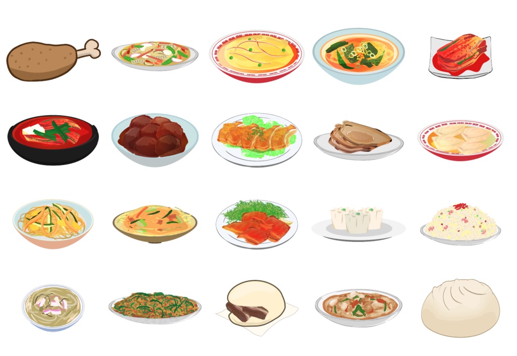 洋食・中華・お菓子・麺類のイラスト124種類セット - PNG高解像度350 or Ai(ベクター)