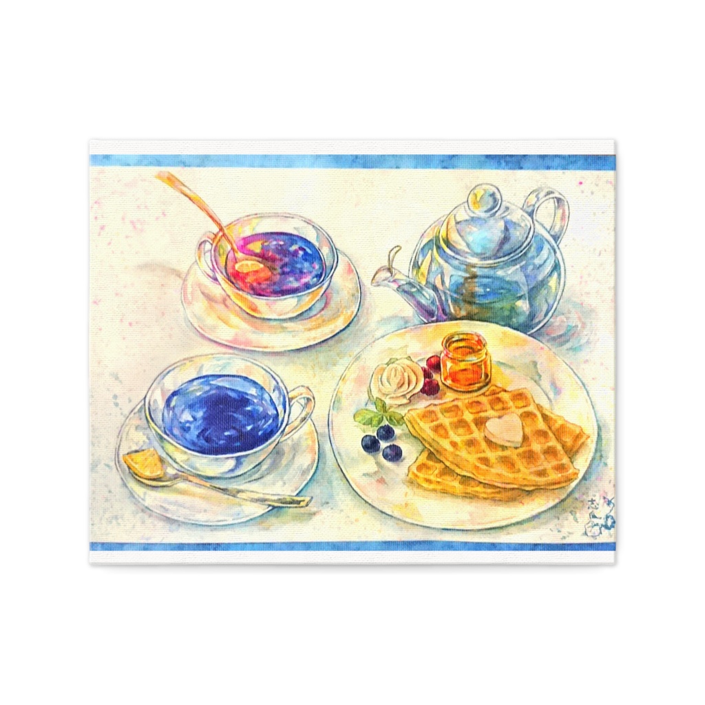 青い紅茶とプレーンワッフルのキャンバス