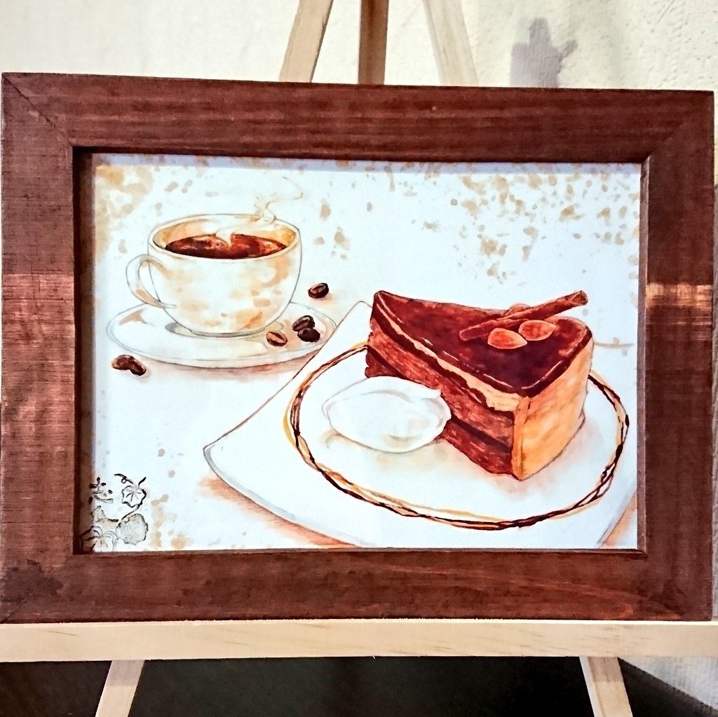 濃厚チョコケーキと珈琲セットの額入りイラスト