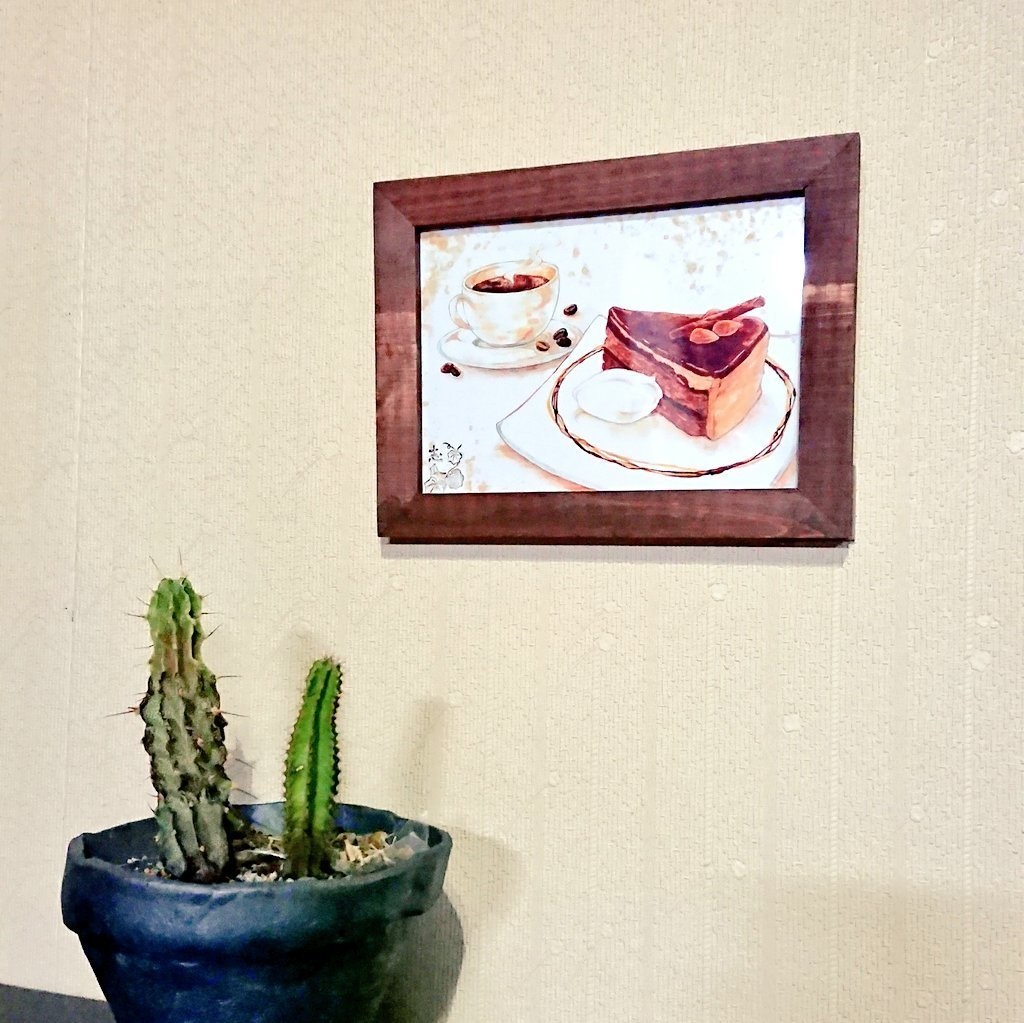 濃厚チョコケーキと珈琲セットの額入りイラスト