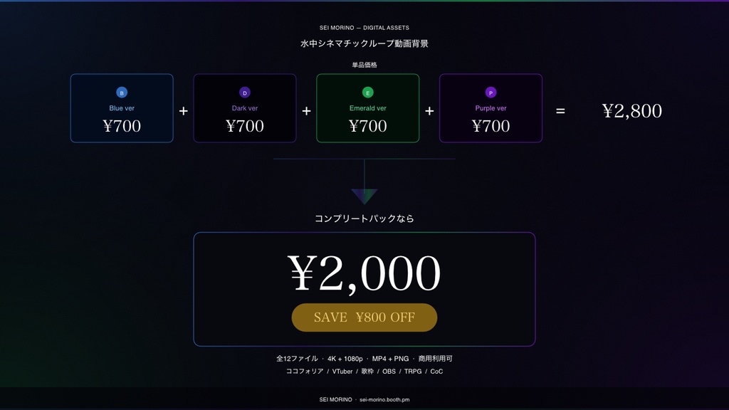【動画素材】水中シネマチックループ動画背景 4色コンプリートパック |Blue・Dark・Emerald・Purple|4K+1080p 全12ファイル |ココフォリア・VTuber歌枠・OBS・TRPG対応 【シームレスループ / 音声なし / 商用利用可】
