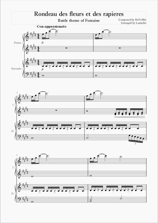 [Genshin Impact Piano Score] Rondeau des fleurs et des rapieres (Piano Duo for 4 hands)