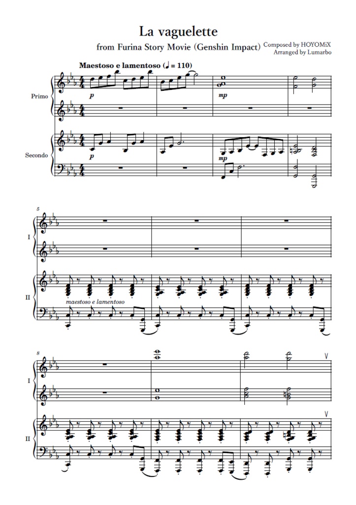 [Genshin Impact Piano Score] La vaguelette (Piano Duo for 4 hands)