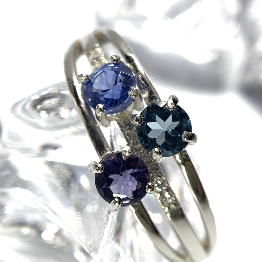 【再販】寒色系天然石の3連風リング