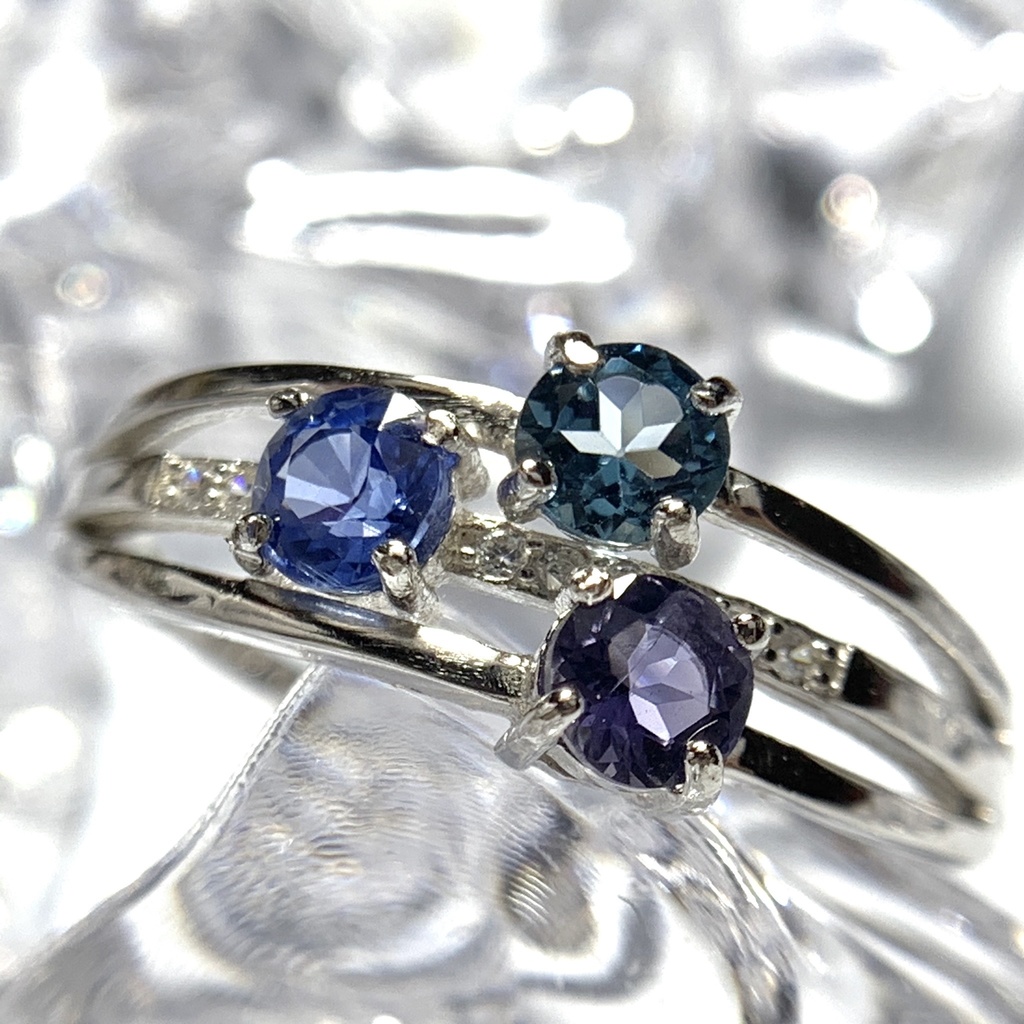 【再販】寒色系天然石の3連風リング