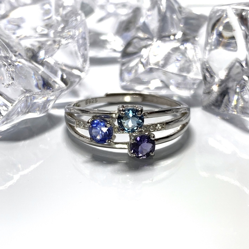 【再販】寒色系天然石の3連風リング