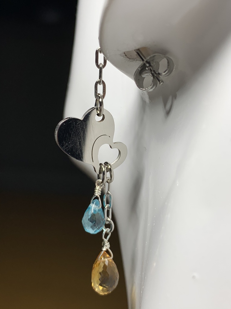 【1個売り】シトリンとブルーアパタイトとダブルハートのピアス