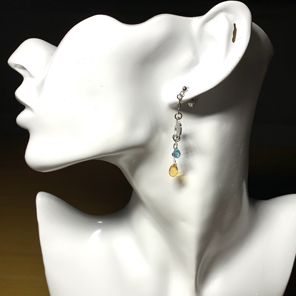 【1個売り】シトリンとブルーアパタイトとダブルハートのピアス