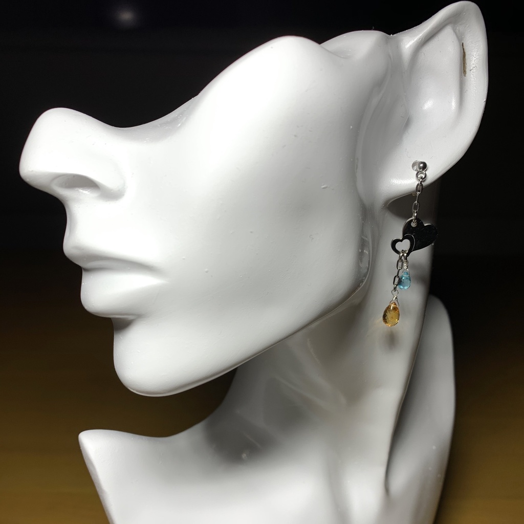 【1個売り】シトリンとブルーアパタイトとダブルハートのピアス