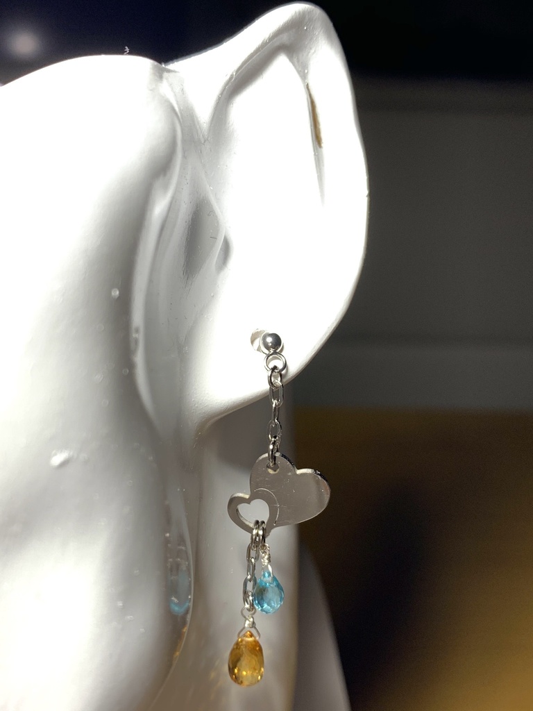 【1個売り】シトリンとブルーアパタイトとダブルハートのピアス