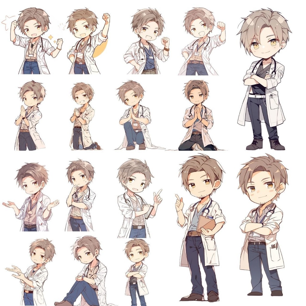 男性医師キャラクター素材集|ポーズ17種(PNG&JPG)