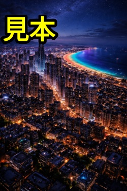 夜のネオン都市とレインボーの海【スマホ壁紙】（AI生成）
