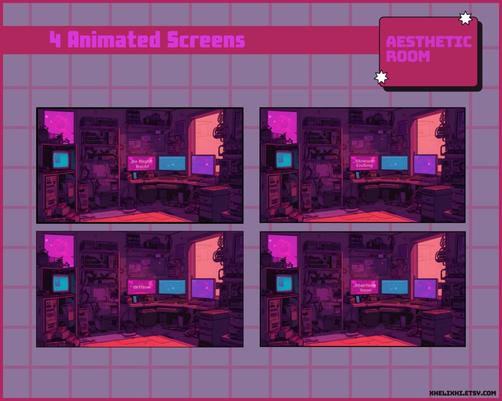 RETRO RED PURPLE Stream Overlay Pack Static / Be Right Back / Offline / Stream Ending / Starting Soon / Twitch / Yotube / Cheap Stream Pack