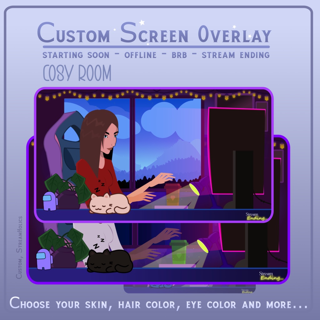 Animated CUSTOM Screen Overlay for twitch, Animated stream screen, Custom stream overlay, cosy room overlay animated, Starting soon overlay