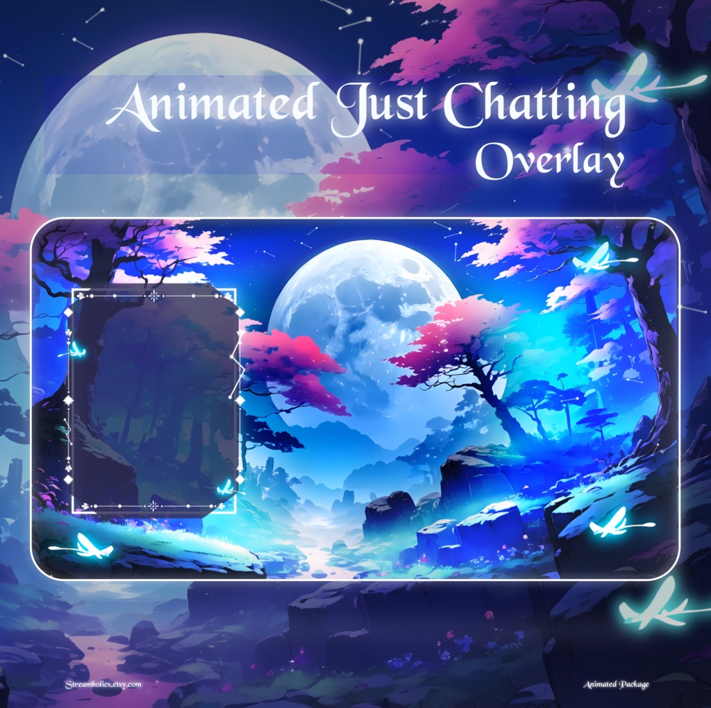Sky Night Stream Overlay, Light & Dark Twitch Overlay, Blue Pink Glowing Forest Aesthetic, Animated Scenes, Vtuber, Just Chatting Overlay