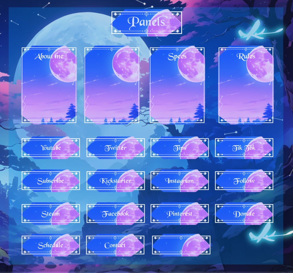 Sky Night Stream Overlay, Light & Dark Twitch Overlay, Blue Pink Glowing Forest Aesthetic, Animated Scenes, Vtuber, Just Chatting Overlay