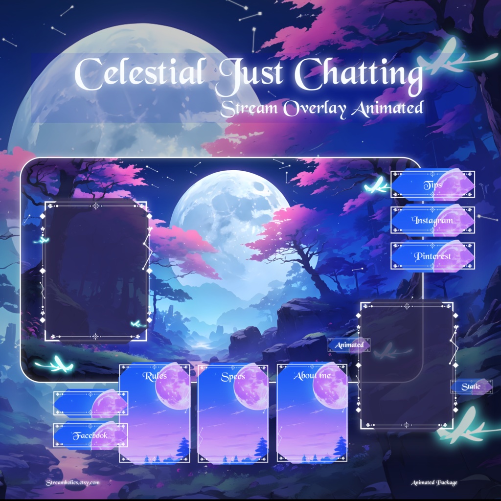 Sky Night Stream Overlay, Light & Dark Twitch Overlay, Blue Pink Glowing Forest Aesthetic, Animated Scenes, Vtuber, Just Chatting Overlay