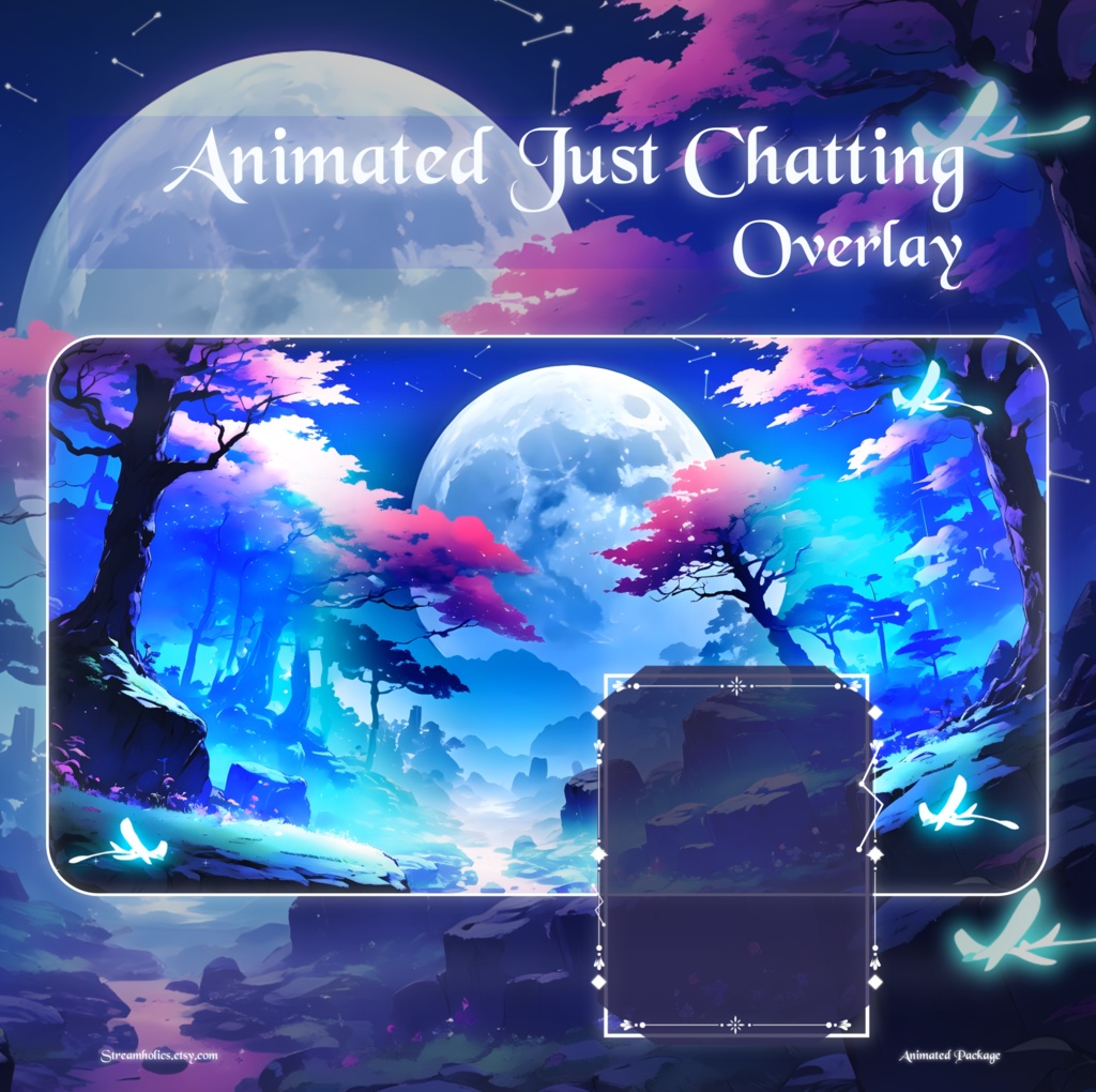 Sky Night Stream Overlay, Light & Dark Twitch Overlay, Blue Pink Glowing Forest Aesthetic, Animated Scenes, Vtuber, Just Chatting Overlay