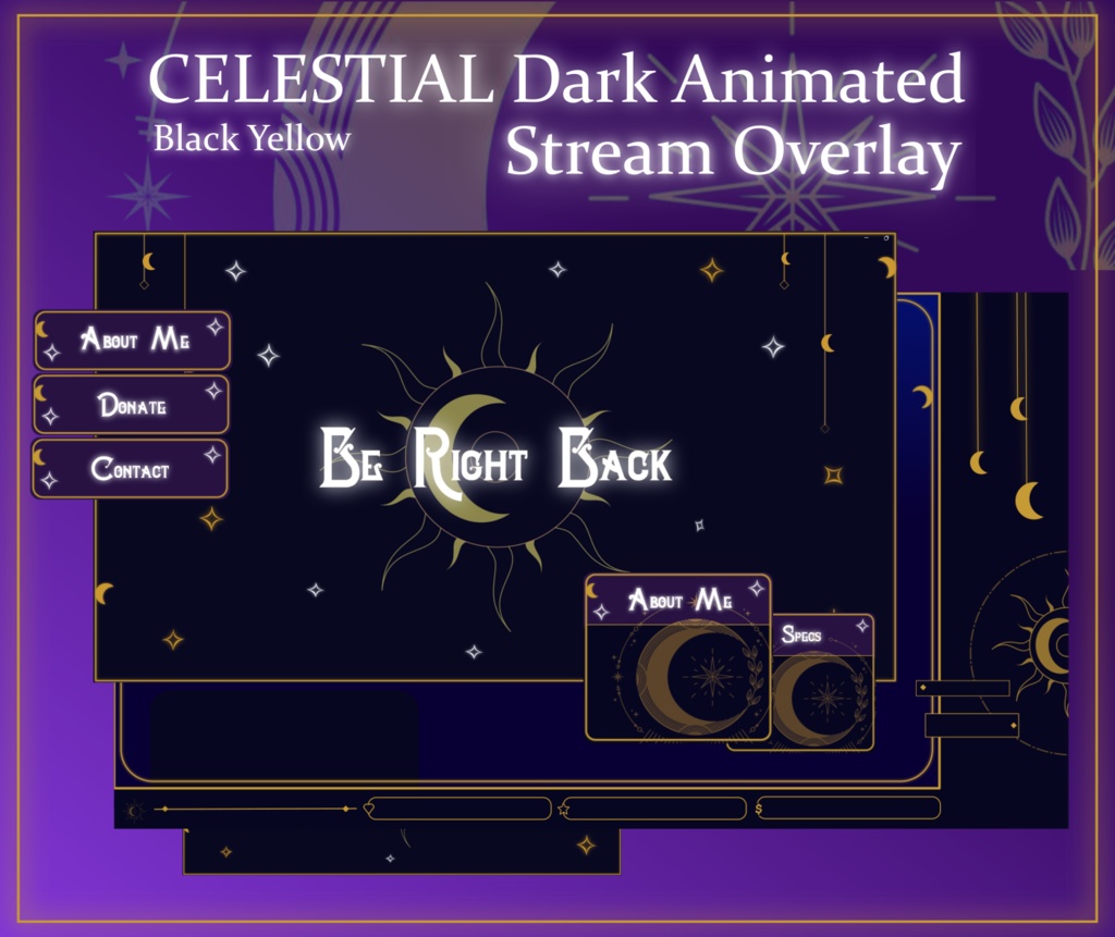 SIMPLE Dark STREAM OVERLAY Celestial, Dark overlay pack, Celestial Animated Overlay, Stream overlay pack, Black and gold Overlay