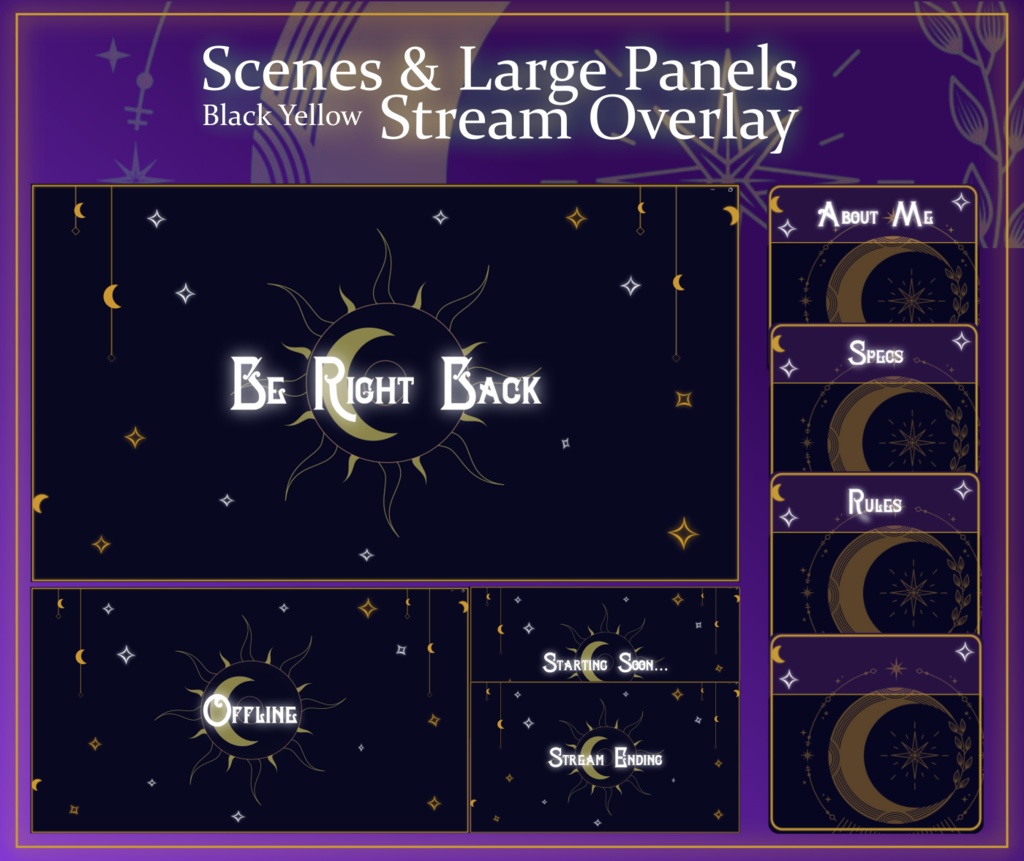 SIMPLE Dark STREAM OVERLAY Celestial, Dark overlay pack, Celestial Animated Overlay, Stream overlay pack, Black and gold Overlay