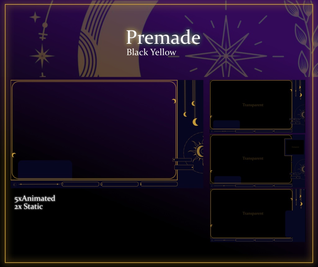 SIMPLE Dark STREAM OVERLAY Celestial, Dark overlay pack, Celestial Animated Overlay, Stream overlay pack, Black and gold Overlay