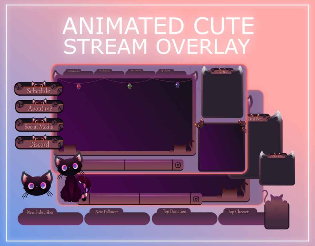 Cheap Cute Stream Overlay Animated pack, Cat Stream Overlay Pack, Vtuber Stream Overlay