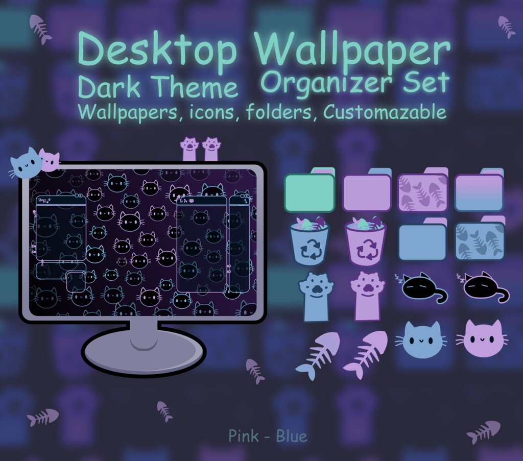 Kitty Computer Desktop Theme Background Wallpaper Organizer Set, Dark theme wallpaper organizer set, wallpaper set, phone wallpaper dark