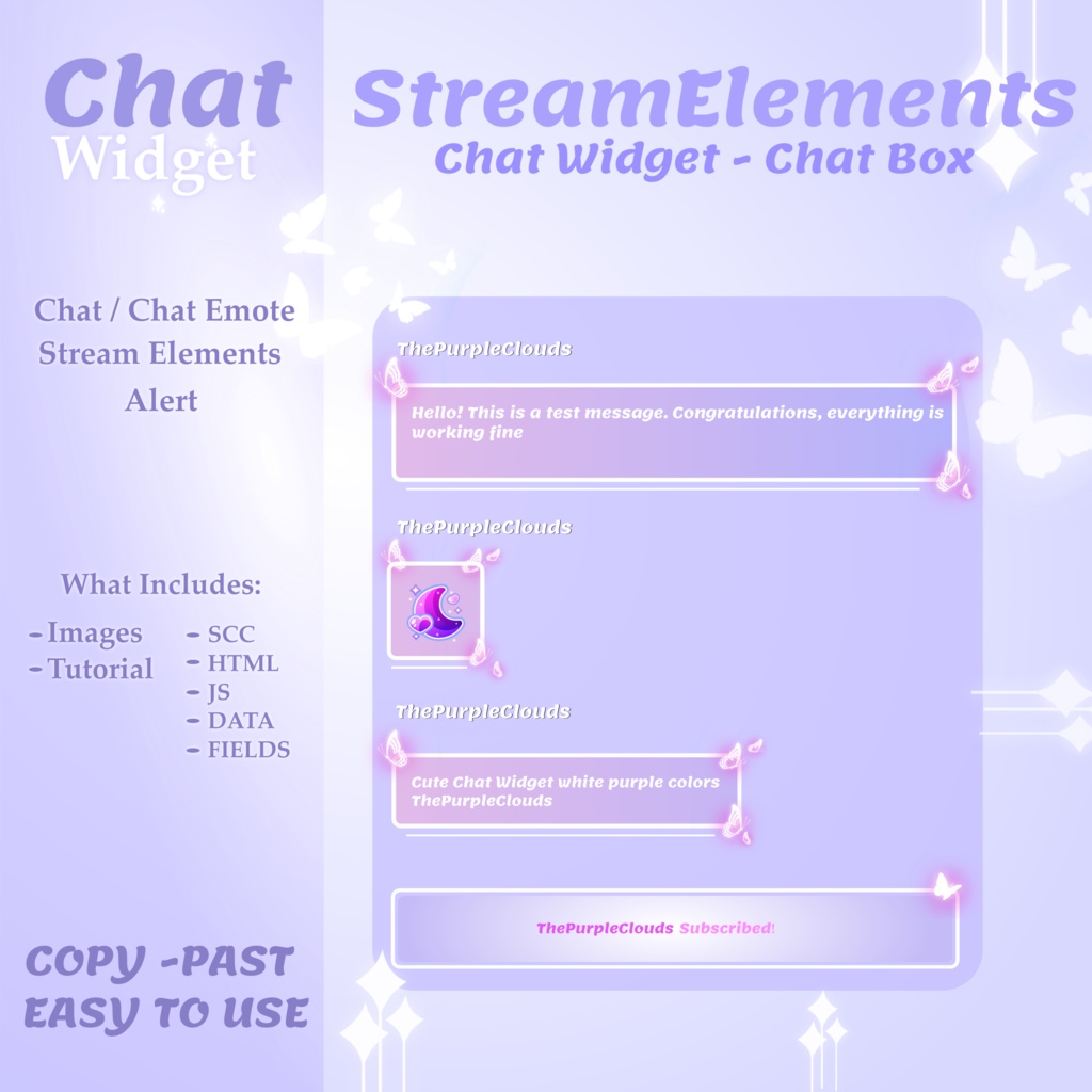 Chat Widget - Cute Minimal, Butterfly Theme • Chat Box & Alerts for Twitch Streams for StreamElements, Purple Chat Widget Butterfly