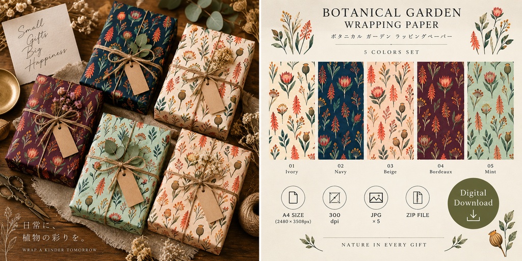BOTANICAL FOLK｜ボタニカルフォーク デジタルペーパー 5色セット｜ラッピング・背景素材