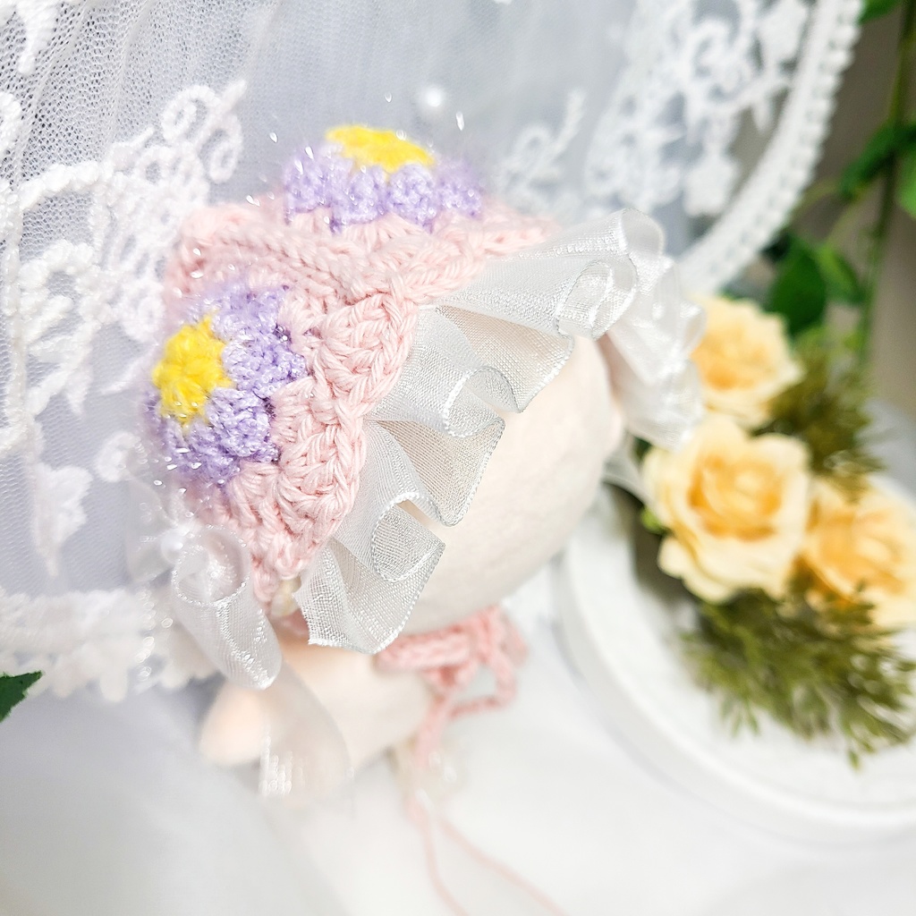 【10〜12cm用】ぬいのボンネット/きらきらお花