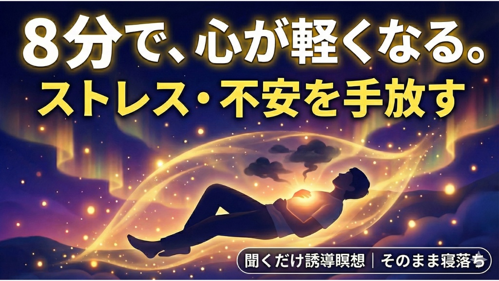 瞑想014_【広告なし】入眠朗読『【8分で心が軽くなる】ストレスと不安を手放す誘導瞑想 聞くだけで自己肯定感が高まる夜のリセット』音声のみ・音楽付き音声パック（wav/m4a）※映像は外しています