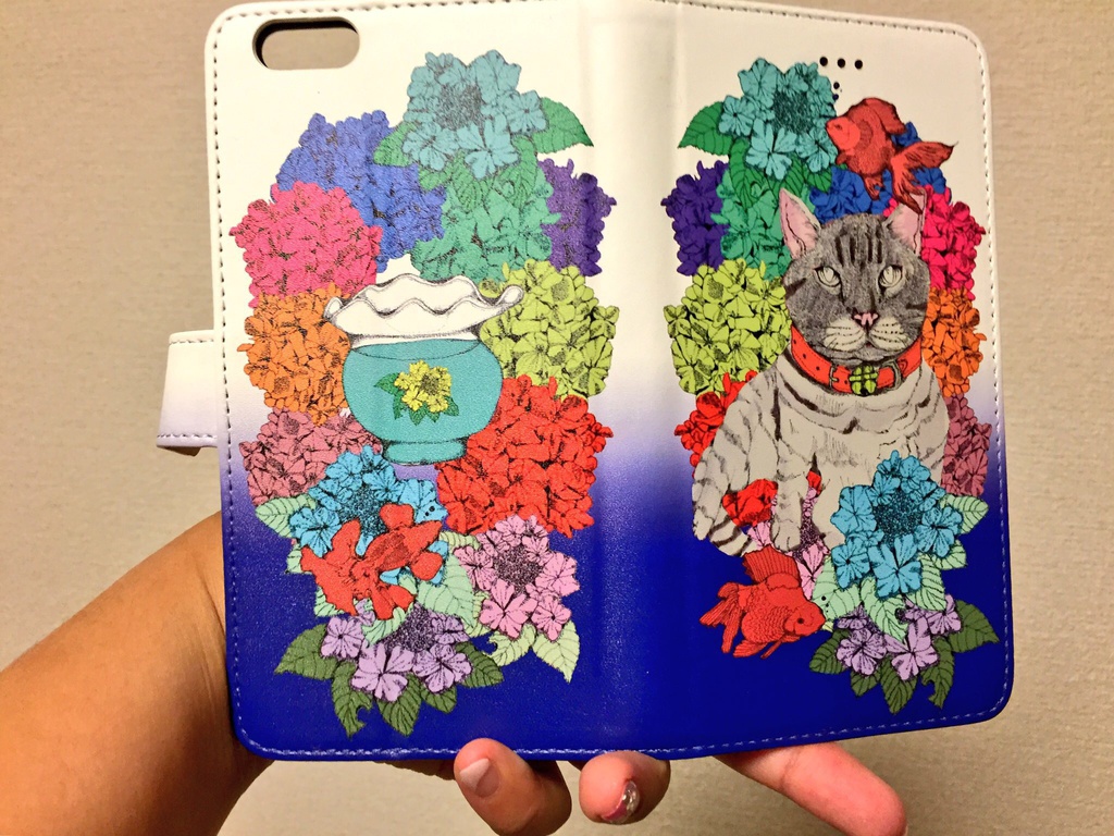 猫と紫陽花 手帳型iPhoneケース