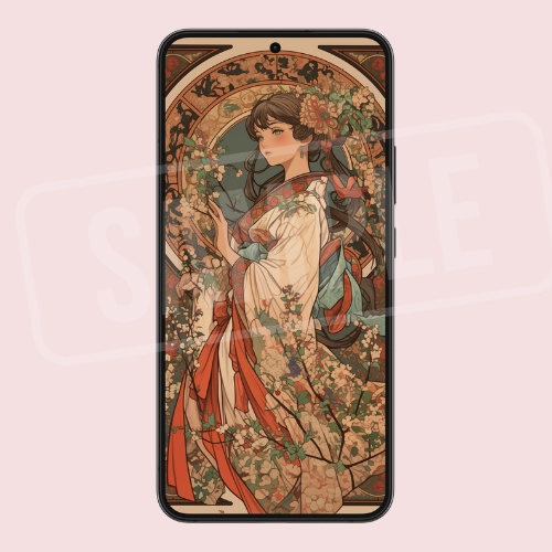 大正ロマン × アールヌーボー風 女の子スマホ壁紙 6枚セット　Taisho Romantic × Art Nouveau Style Wallpaper, 6 PNG